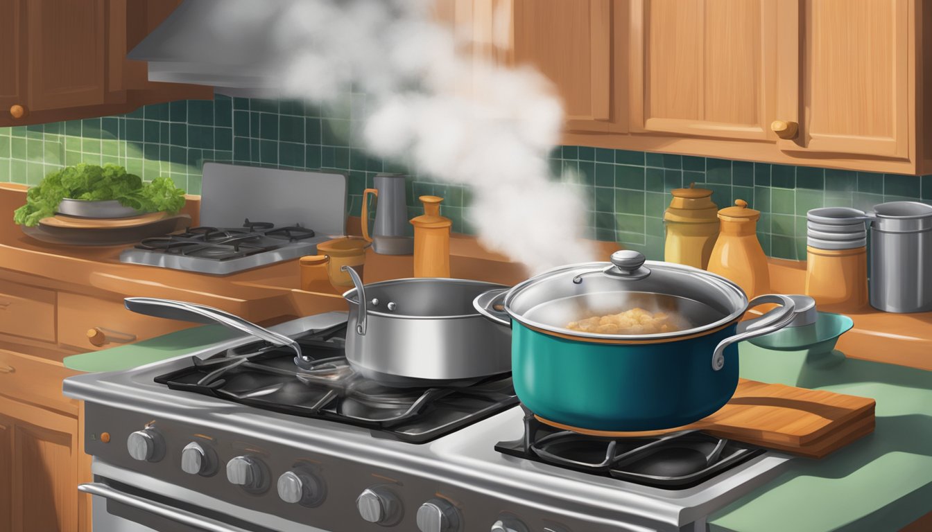 A pot on a stove, steam rising, with a wooden spoon stirring food, set against a backdrop of a Texas kitchen