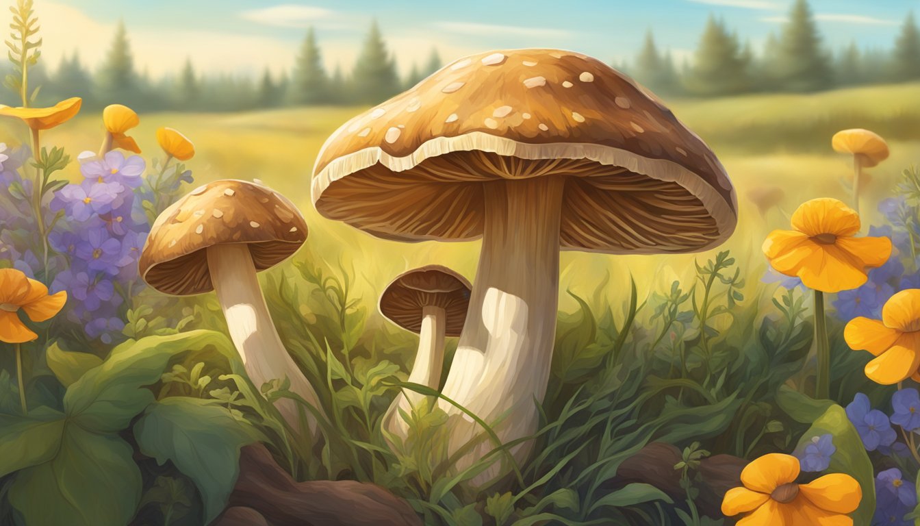 Two medicinal mushrooms growing in a Texas field, surrounded by wildflowers and bathed in warm sunlight