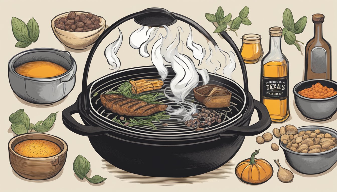 Various Texas ingredients simmer in a cast iron pot over an open flame, infusing the air with mouthwatering aromas