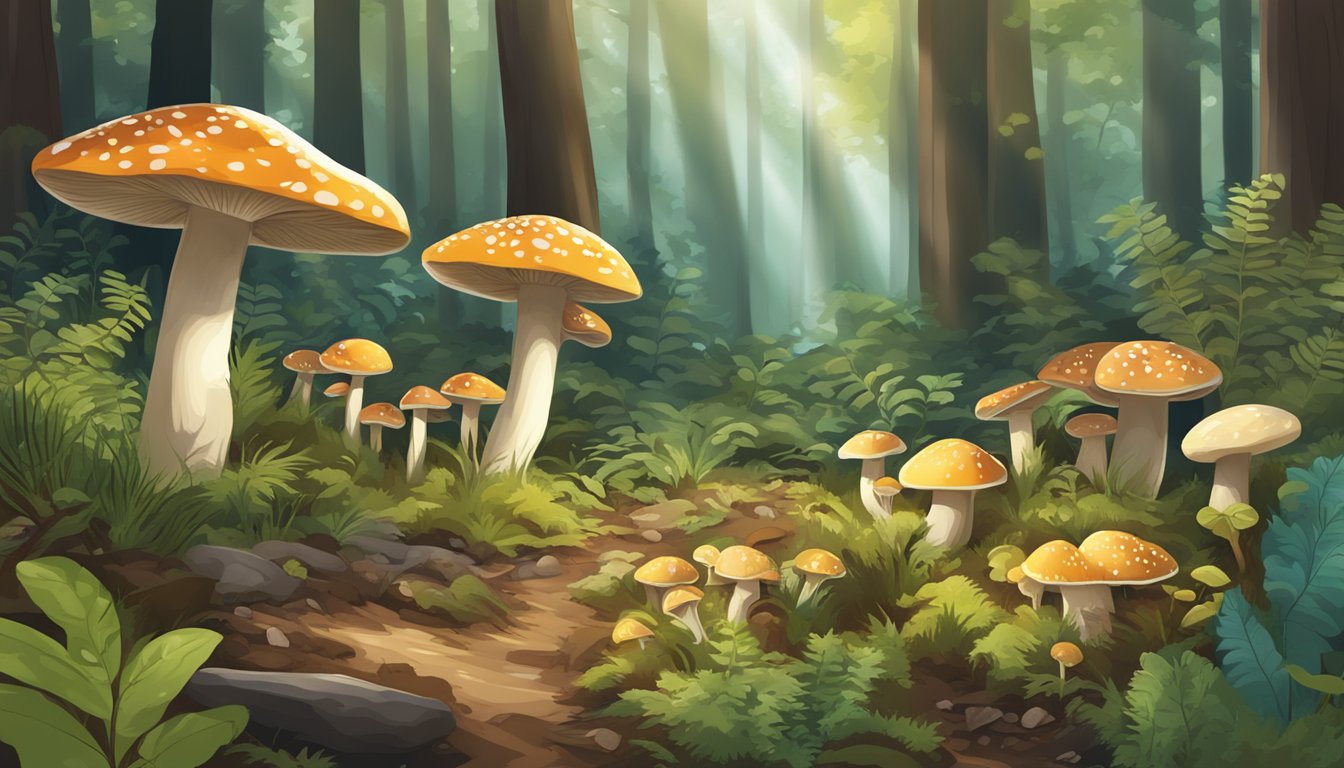 A forest floor with diverse plant life, including two distinct medicinal mushrooms, surrounded by trees and dappled sunlight