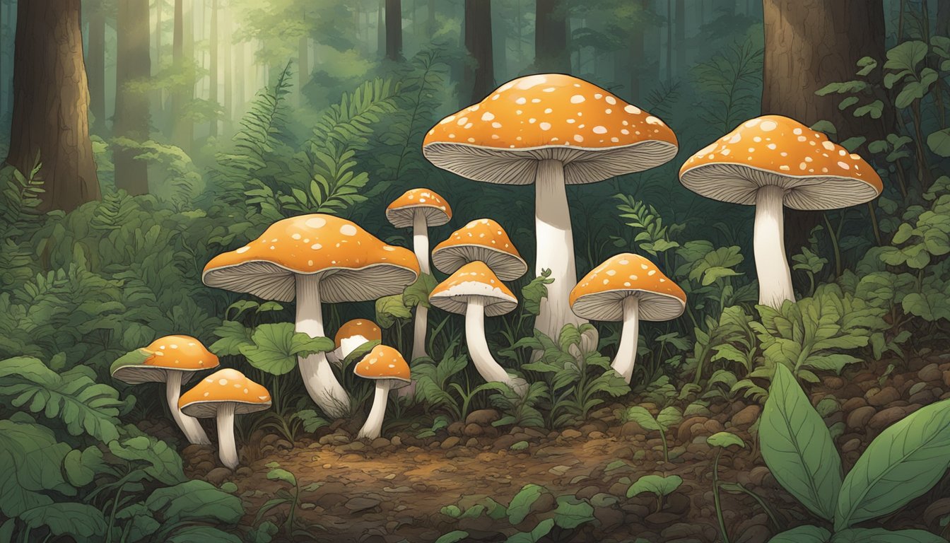 A group of diverse mushrooms growing in a lush Texas forest, illuminated by a spotlight, with the Texas Mycological Society logo in the background