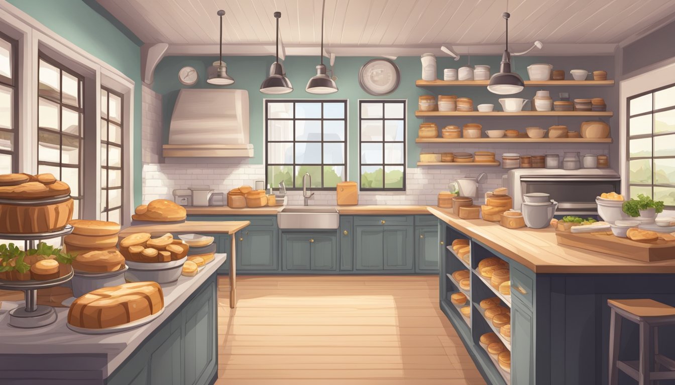 A cozy kitchen with a homemade bakery setup, including an oven, mixing bowls, and ingredients. A welcoming storefront sign reads "Home Bakery Business Plan."