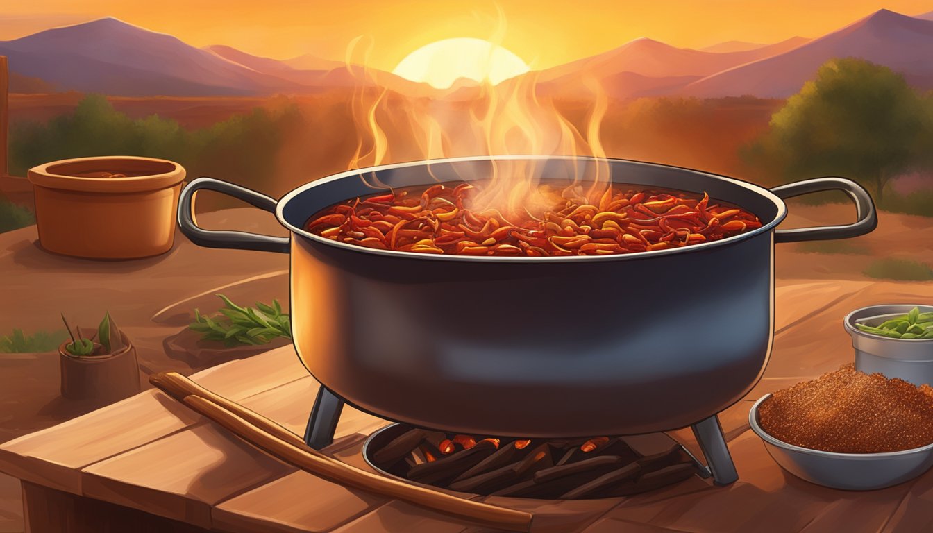 A large pot of chili simmers over a crackling fire, the aroma of cumin and chili powder filling the air. The Texas sun sets in the background, casting a warm glow over the scene