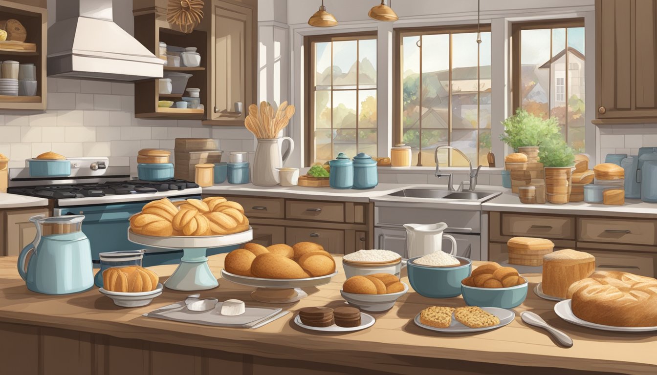 A cozy kitchen with an assortment of baking supplies, a counter lined with freshly baked goods, and a welcoming sign for a home-based bakery in Texas