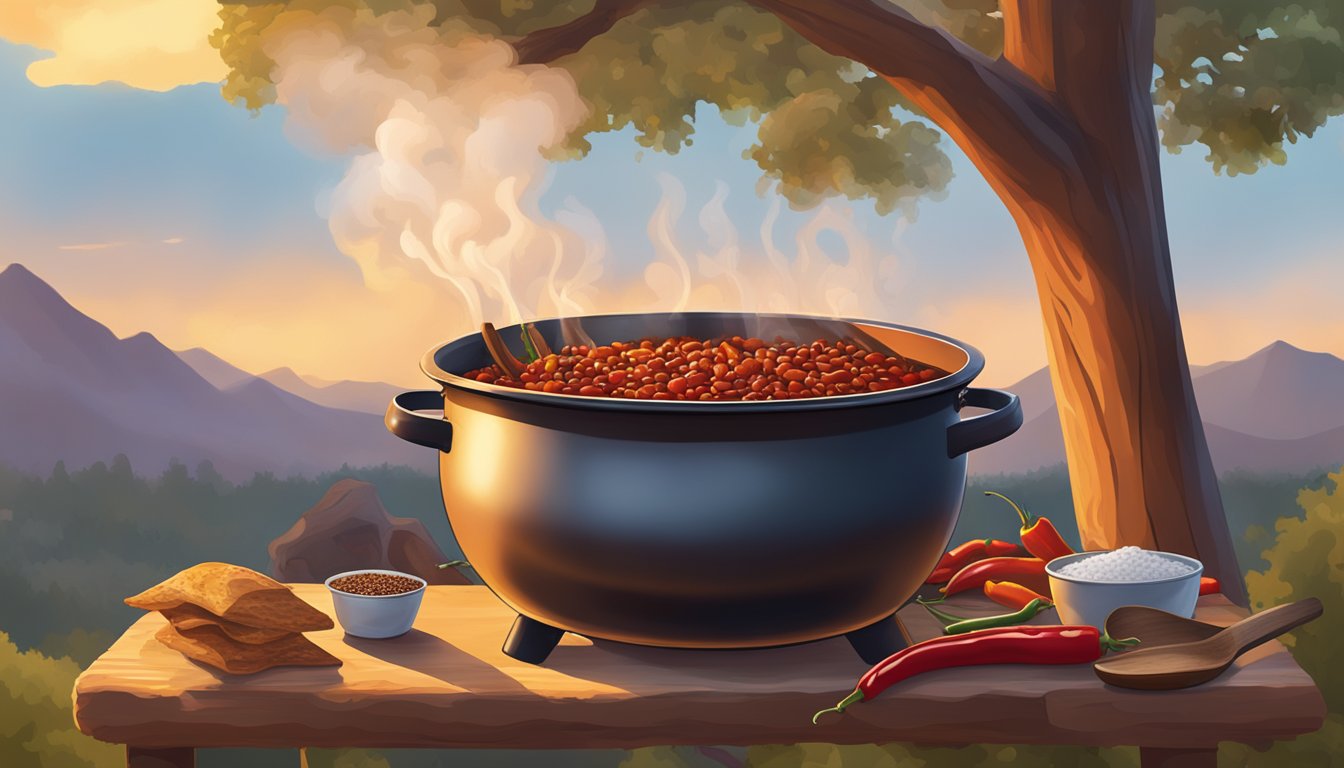 A large pot of chili simmering over a crackling fire, with a wooden spoon stirring in spices and beans, steam rising into the Texas sky