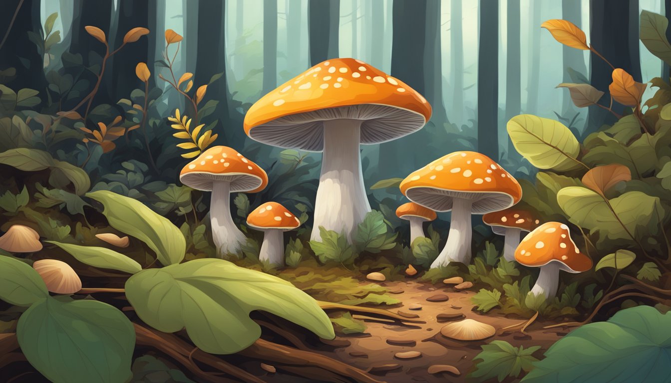 A serene forest floor with vibrant, diverse mushrooms growing among the leaf litter and fallen branches