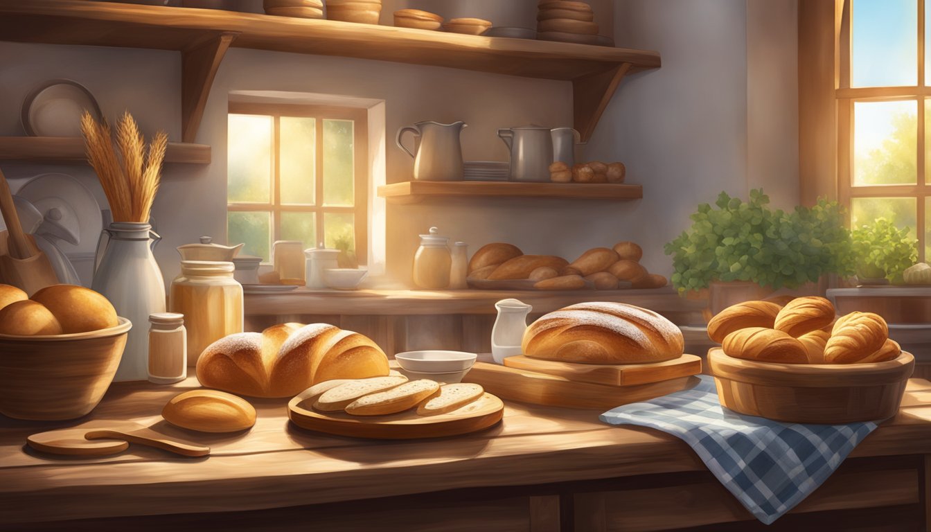 A cozy kitchen with a rustic wooden table adorned with freshly baked bread, pastries, and a variety of baking ingredients. Sunlight streams in through a window, casting a warm glow over the scene