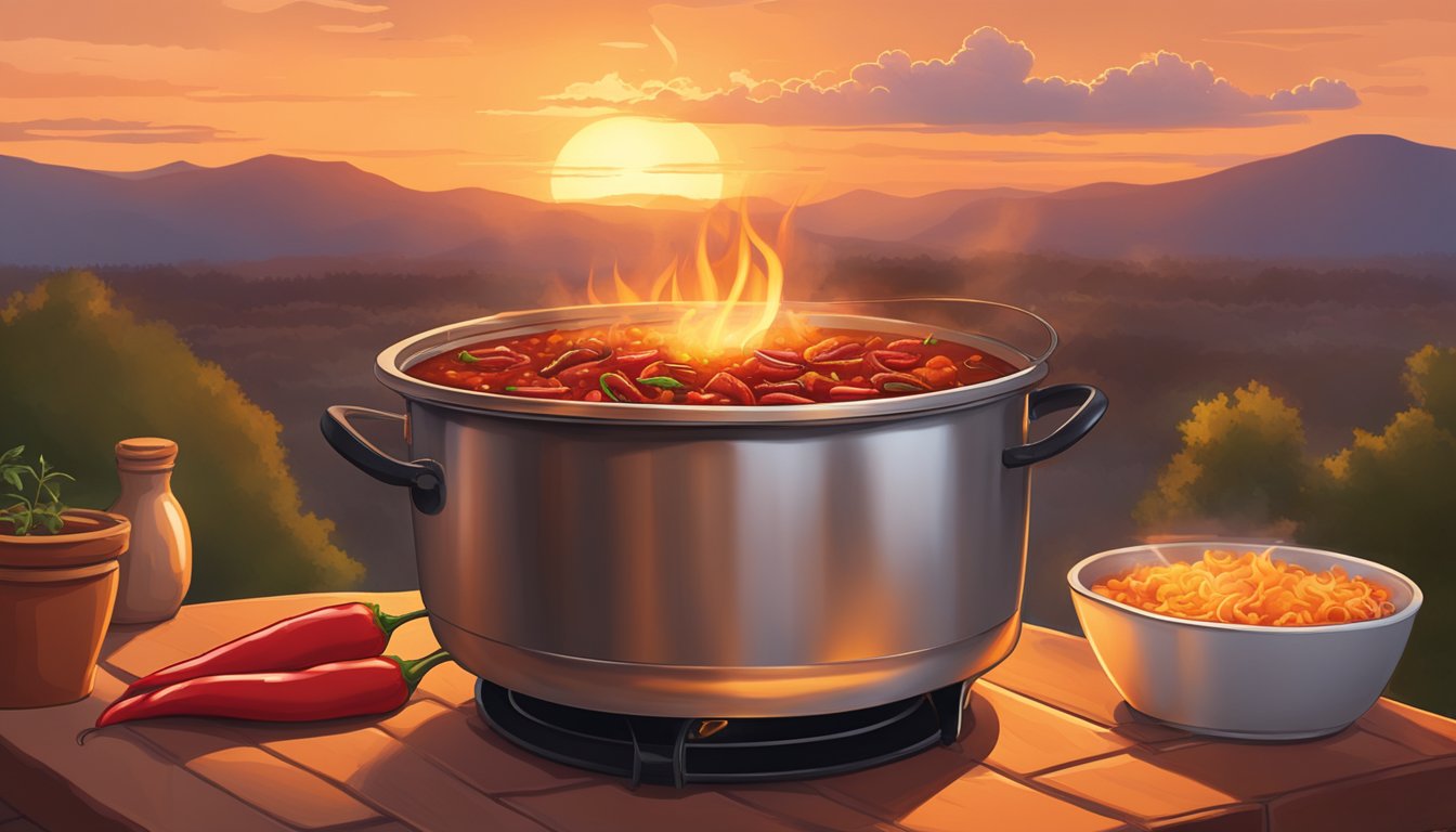 A large pot of chili simmers over an open flame, the aroma of spices and meat filling the air. The Texas sun sets in the background, casting a warm glow over the scene