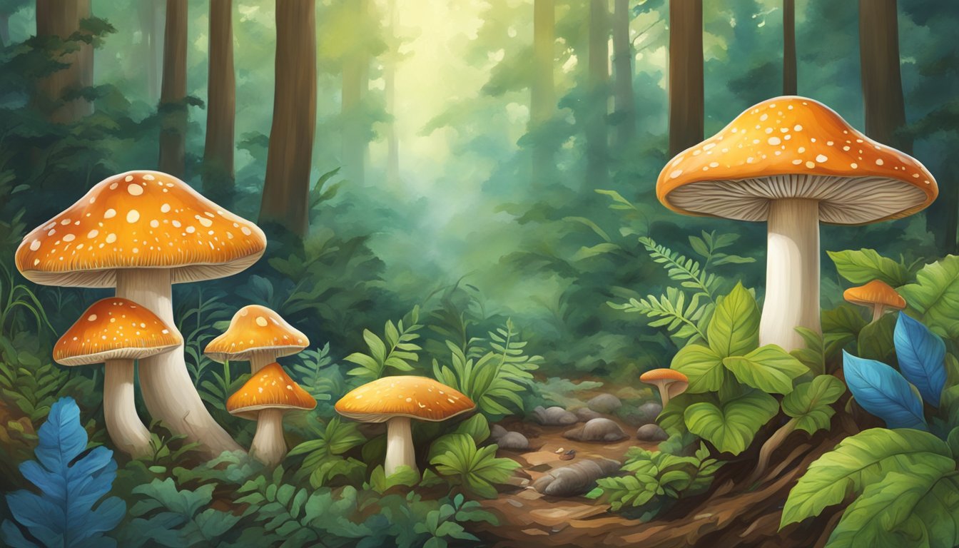 Two medicinal mushrooms growing in a Texas forest, surrounded by diverse plant life and wildlife. The mushrooms are vibrant in color and emit an aura of healing and conservation