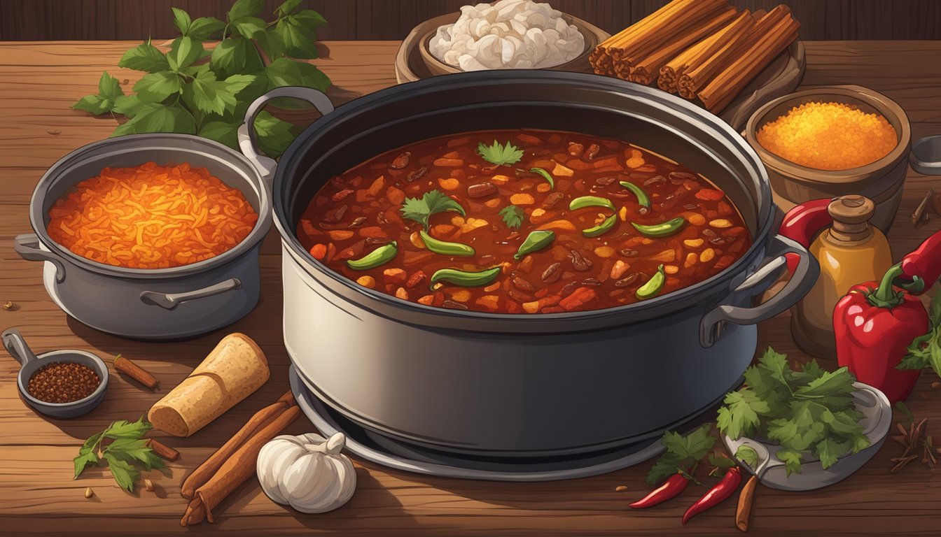 A pot of chili simmering over a crackling fire in a rustic Texas kitchen, with various fresh ingredients and spices scattered around