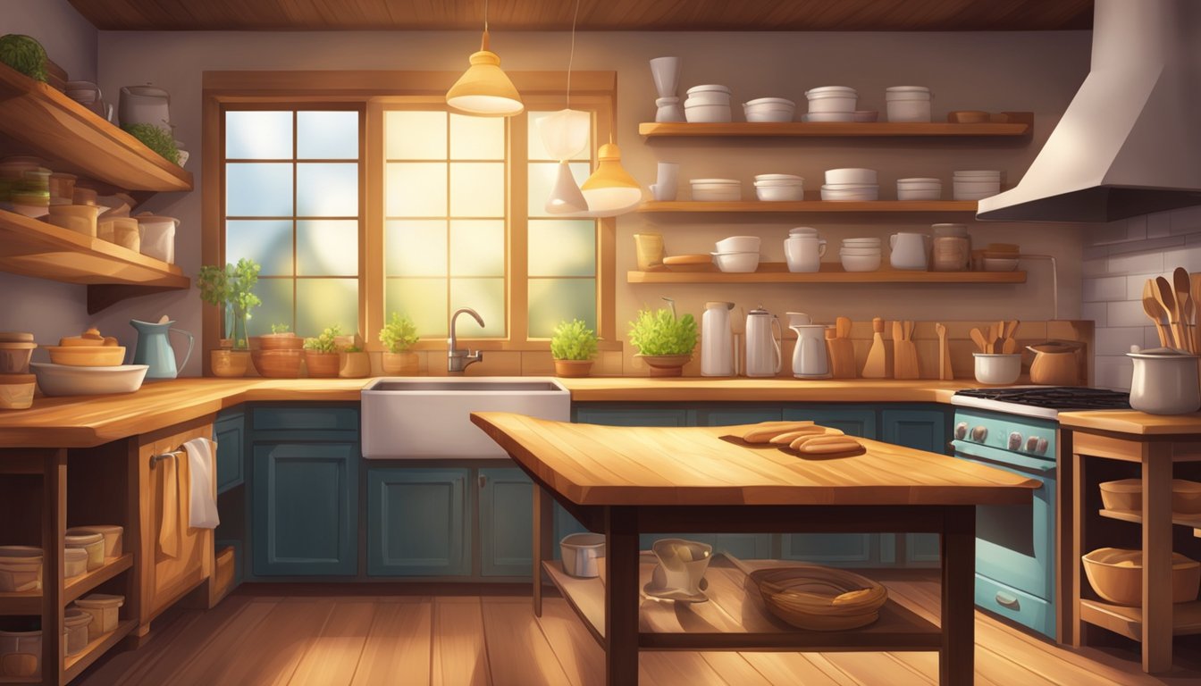 A cozy home kitchen with a rustic wooden table, shelves stocked with baking supplies, and a warm oven emitting a comforting glow