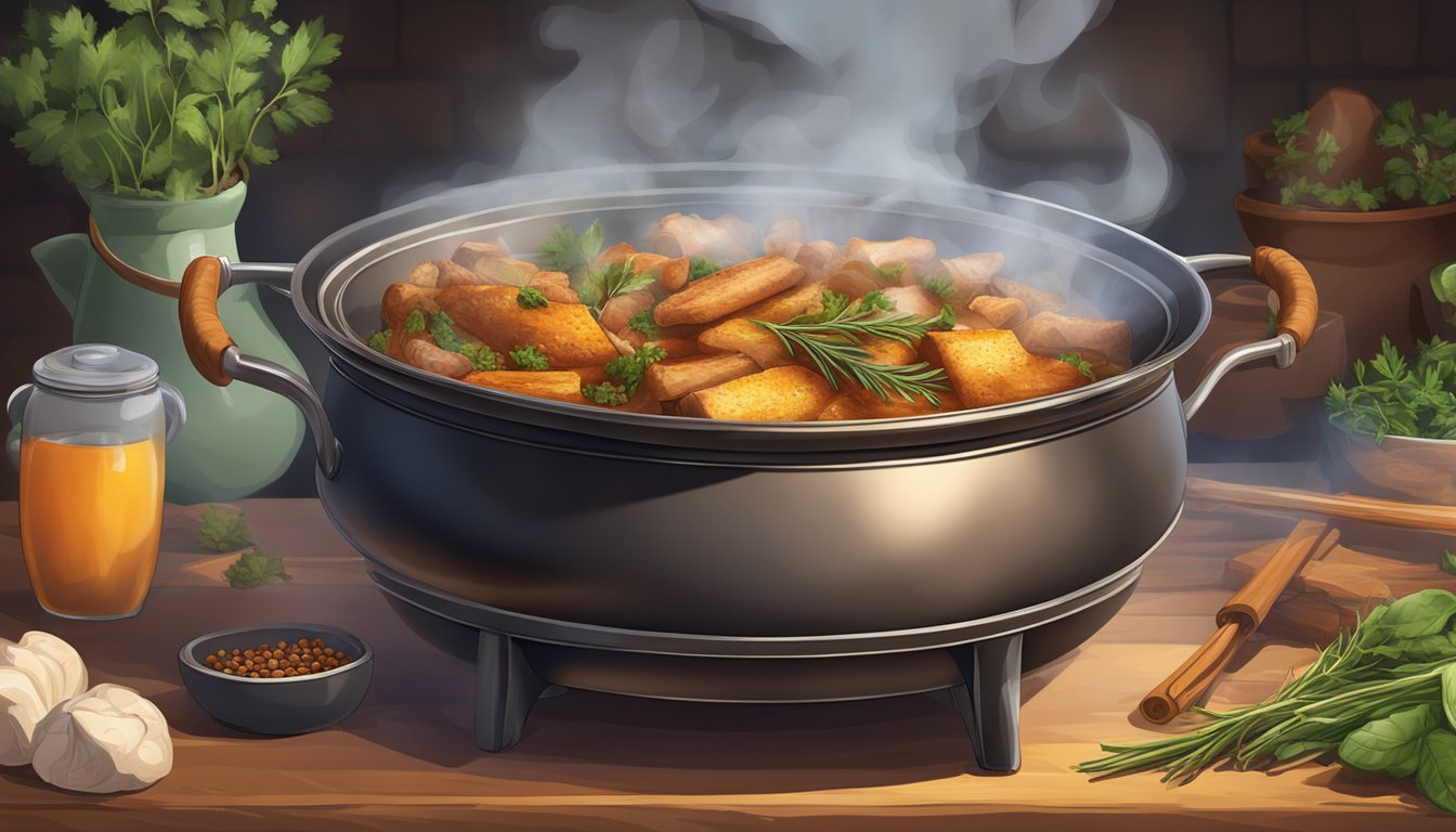 A large pot simmering over a crackling fire, surrounded by aromatic herbs and spices. The steam rises from the pot, filling the air with the tantalizing scent of a flavorful stew