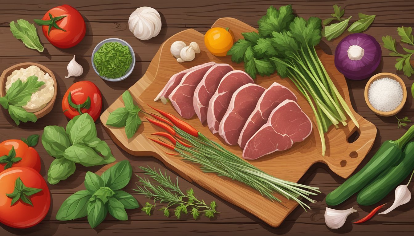 Fresh herbs and spices arranged on a wooden cutting board, alongside a variety of colorful vegetables and chunks of raw meat, set against the backdrop of a rustic Texas kitchen