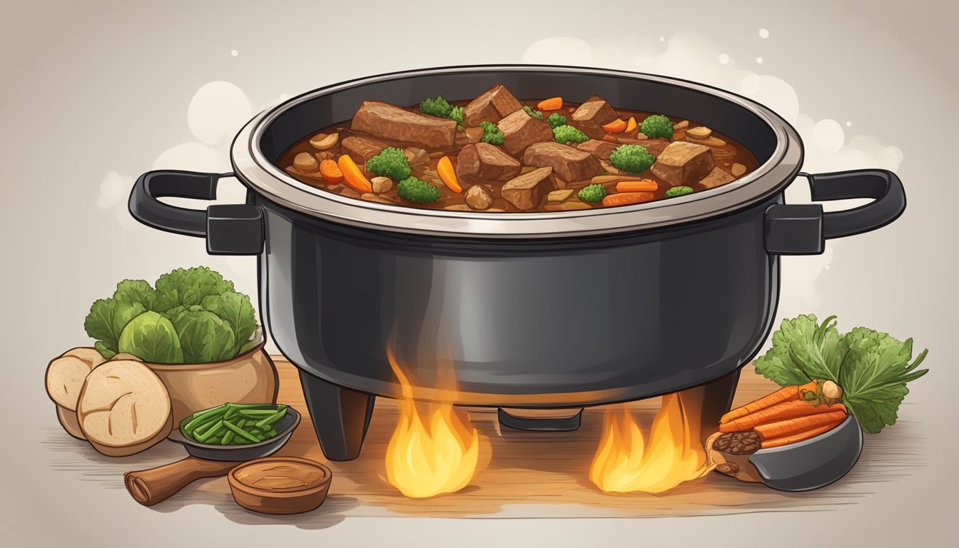 A large pot simmering over a crackling fire, filled with chunks of meat, vegetables, and aromatic spices, creating a flavorful and tender stew