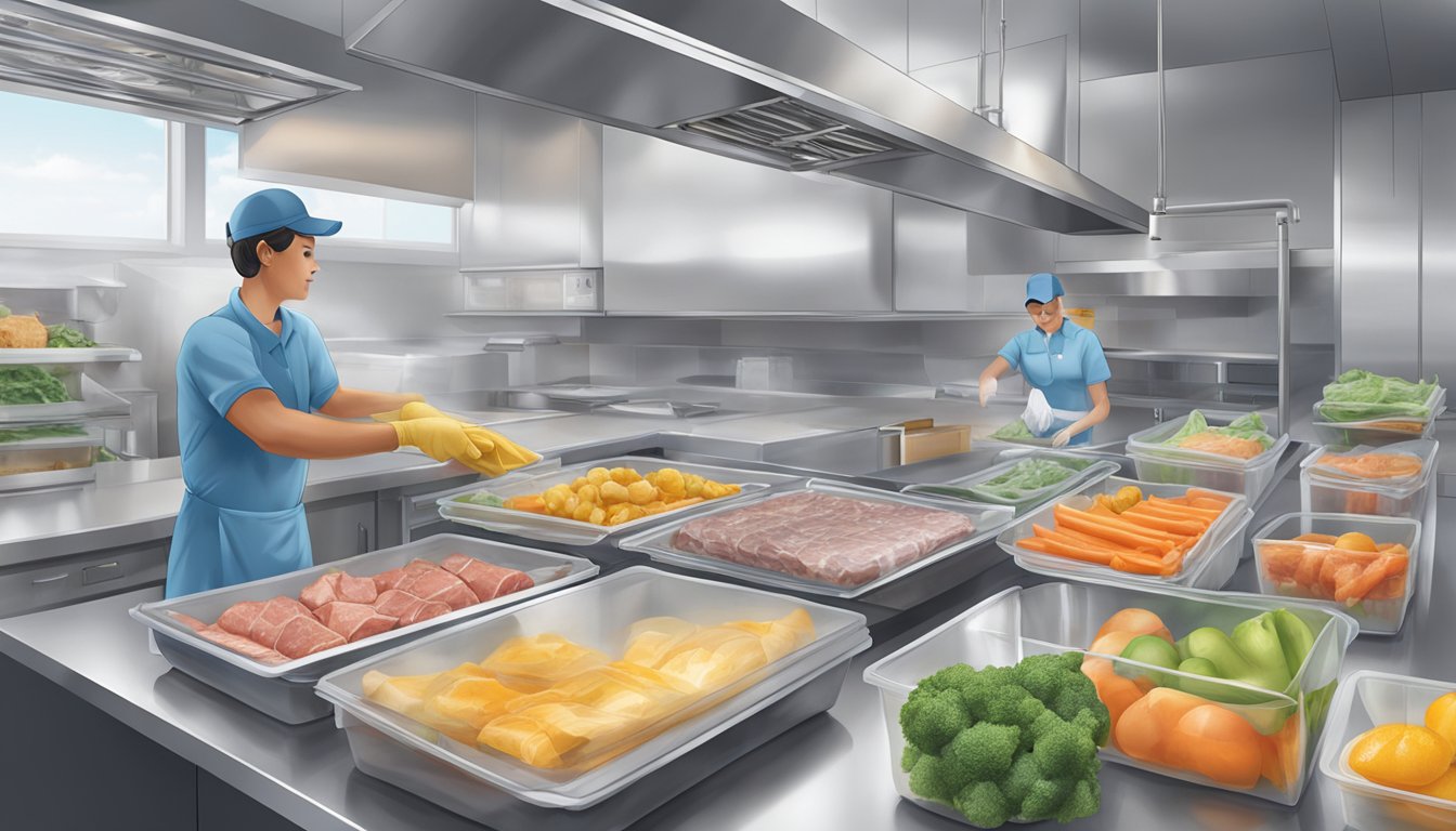 Various types of food items such as fruits, vegetables, and meats are being prepared and placed into vacuum sealable bags. A person is manually removing air and sealing the bags in a kitchen in Texas