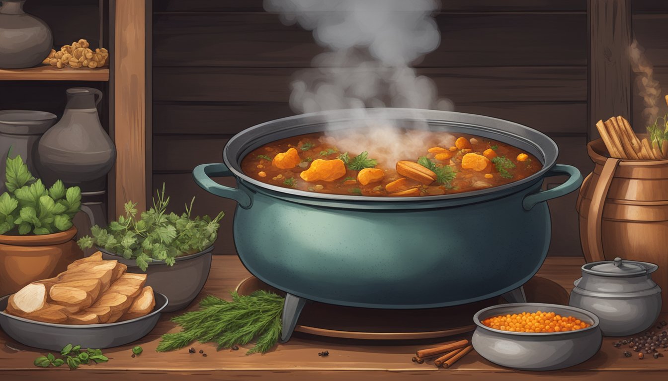 A large pot simmering over a crackling fire, surrounded by aromatic herbs and spices, with steam rising and filling the air in a rustic Texas setting