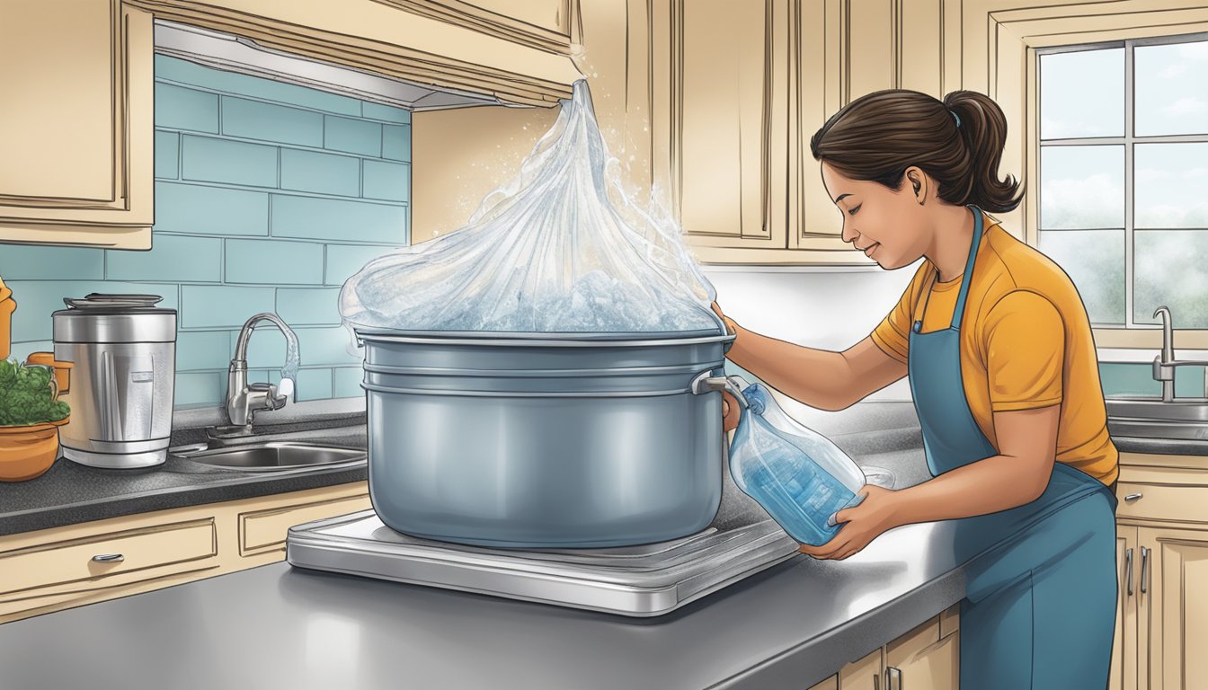 A person using a large pot of water to create a vacuum seal on food bags in a Texas kitchen