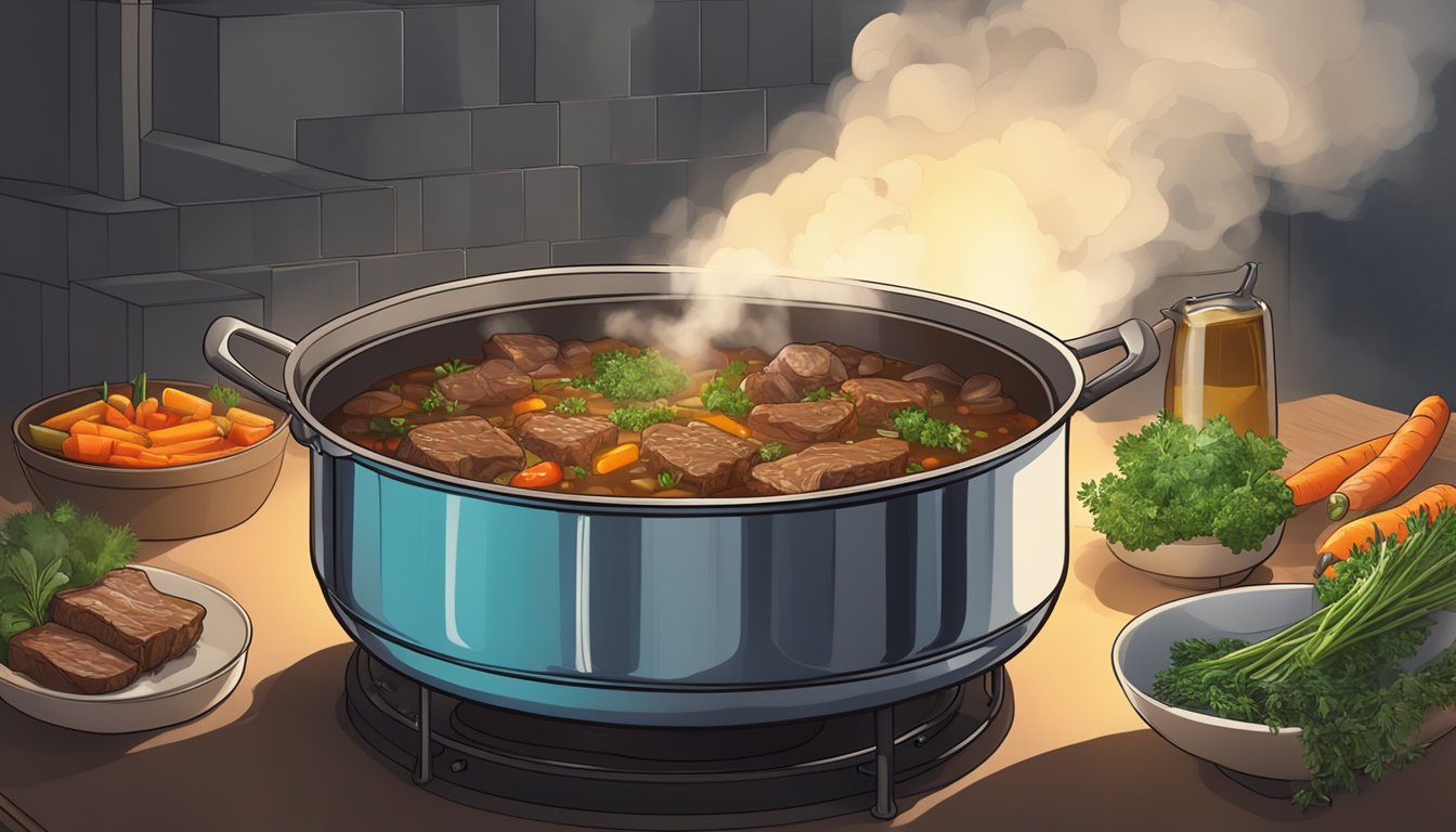 A large pot simmering on a stove, filled with chunks of beef, vegetables, and aromatic herbs, steam rising from the bubbling liquid