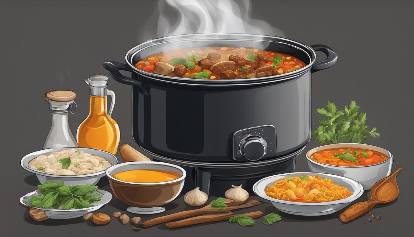 A large pot simmering on a stove, filled with a rich and aromatic stew. Surrounding it are various ingredients and spices, adding depth and flavor to the dish