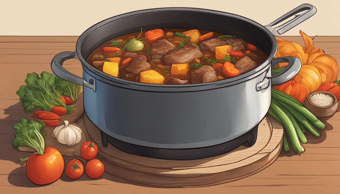 A large pot simmering over an open flame, filled with chunks of tender meat, colorful vegetables, and aromatic spices, creating a rich and flavorful stew