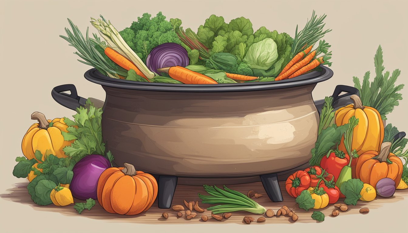 A large pot simmering over a crackling fire, surrounded by colorful vegetables, herbs, and spices, emitting a tantalizing aroma