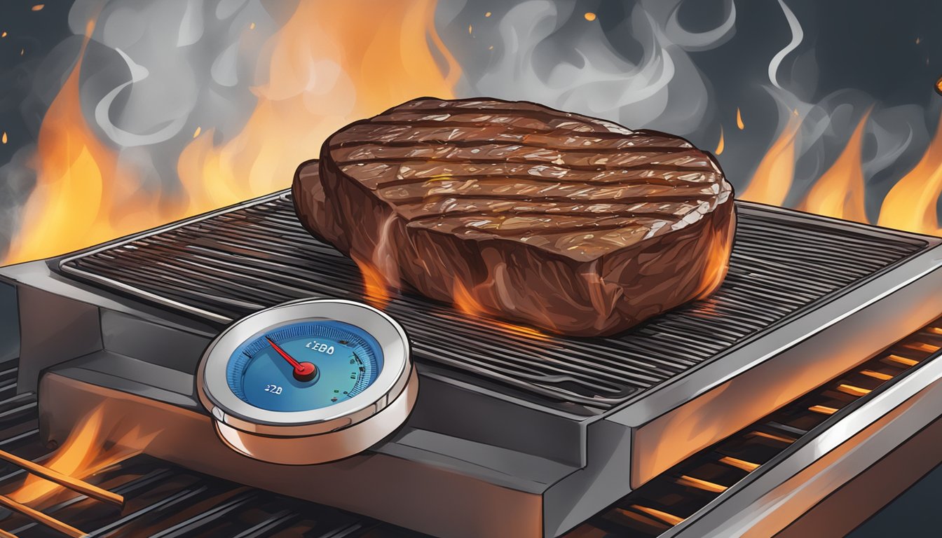 A sizzling steak on a grill with a digital thermometer inserted to measure the internal temperature. Smoke rises from the meat as it cooks in a Texas backyard