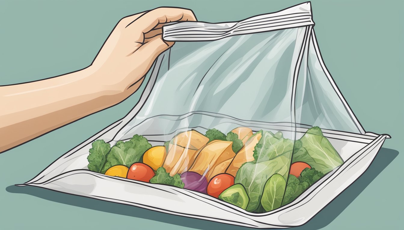 A hand using a sealable plastic bag to portion and organize food, removing air and sealing it in Texas