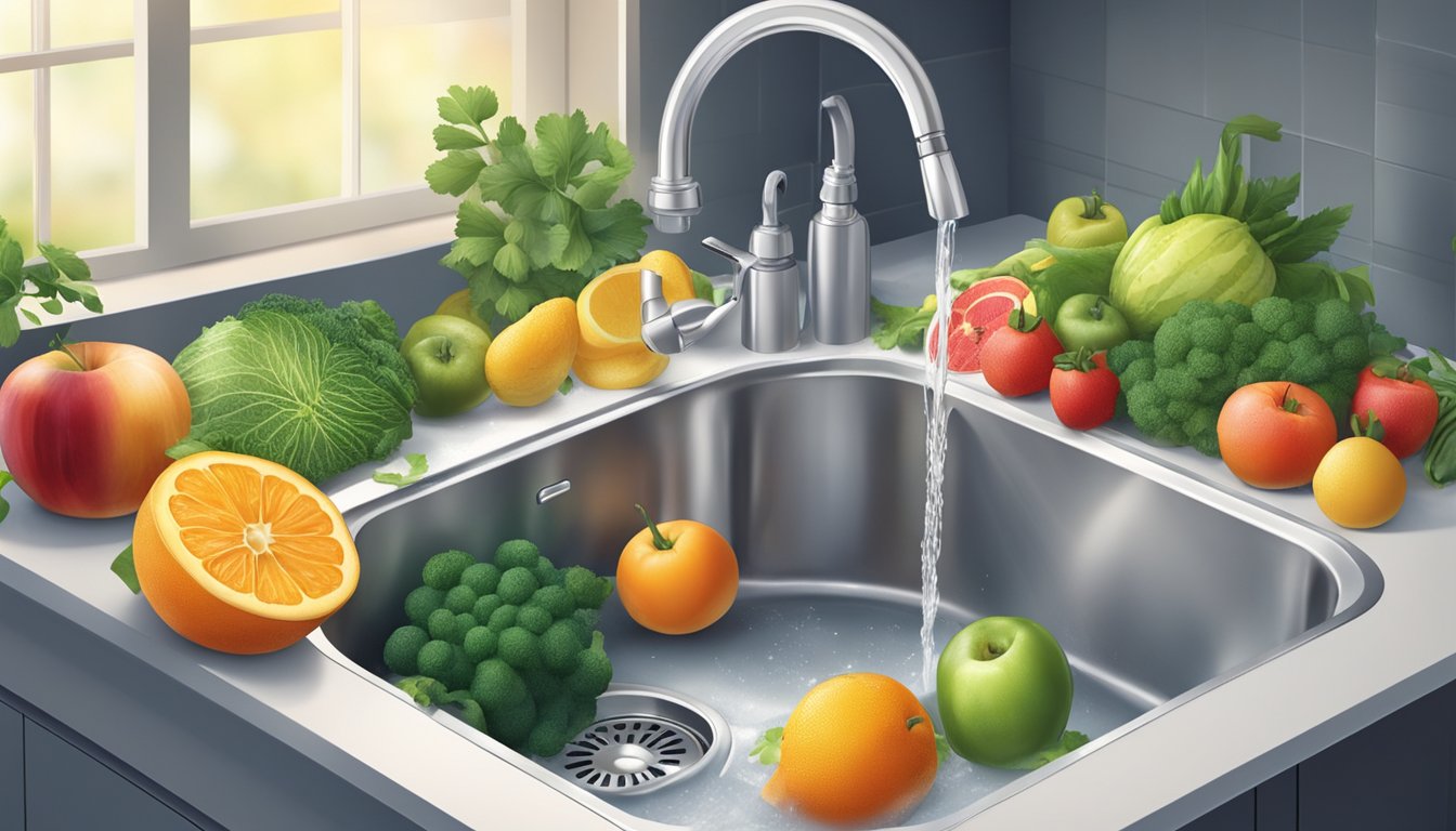 A kitchen sink filled with running water and various fruits and vegetables being rinsed under the faucet