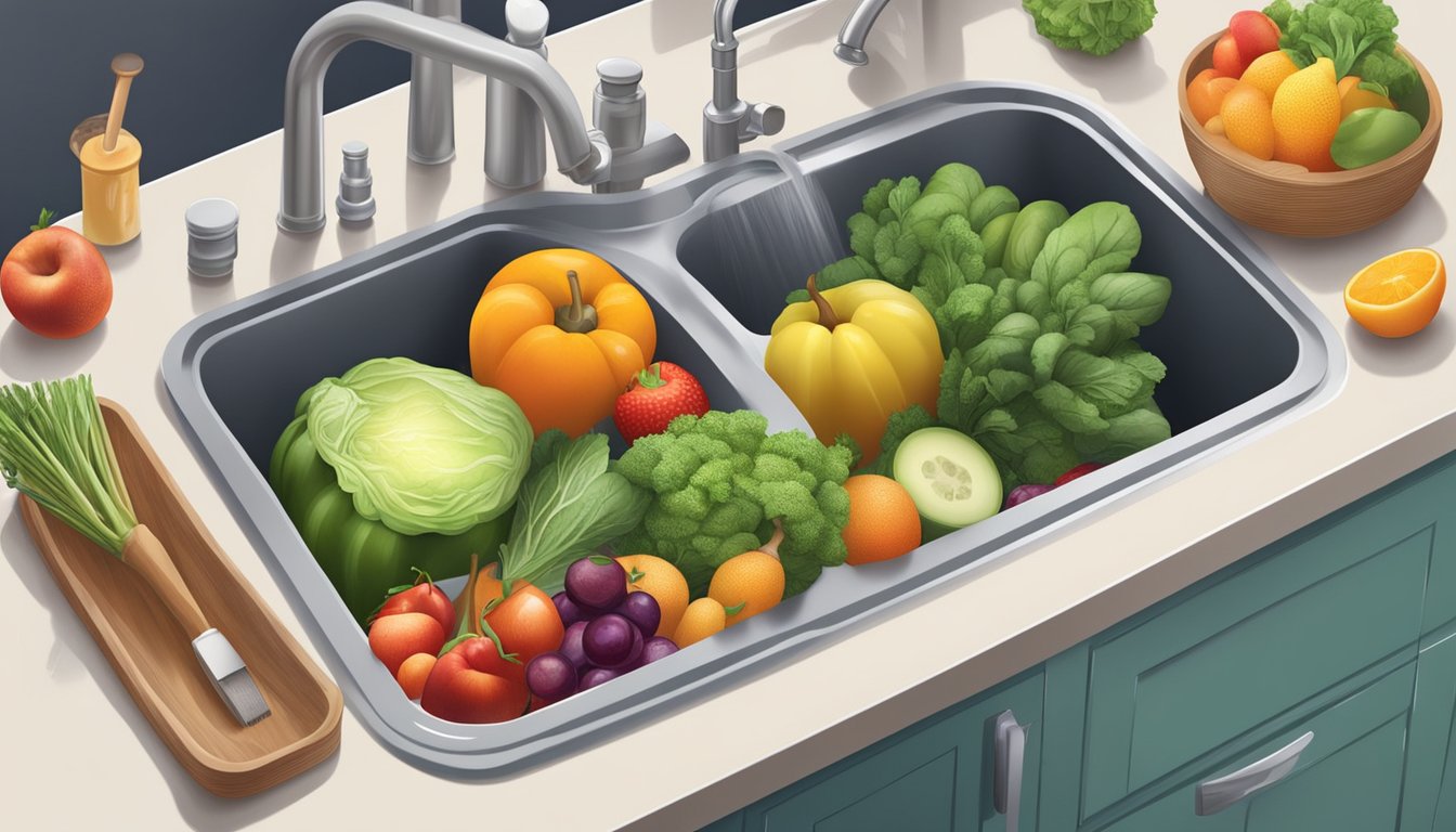 A kitchen sink filled with running water and various fruits and vegetables being washed and scrubbed with a soft brush