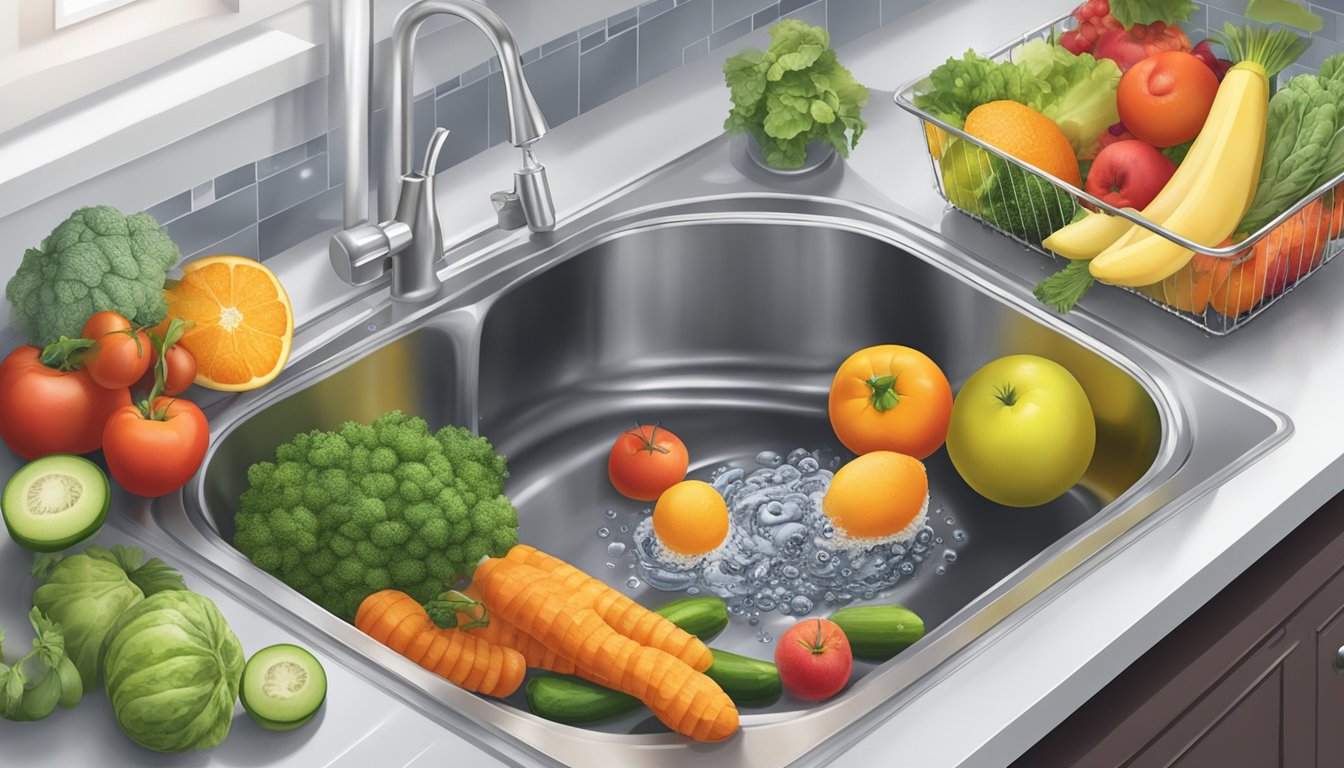 A variety of fruits and vegetables being rinsed under running water in a kitchen sink, with a scrub brush and colander nearby