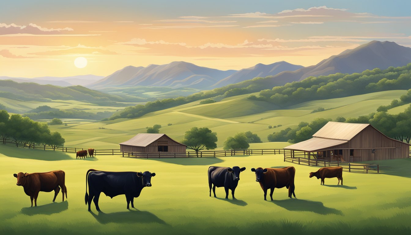 A ranch in Texas showcasing prized wagyu cattle, with lush green pastures and a backdrop of rolling hills