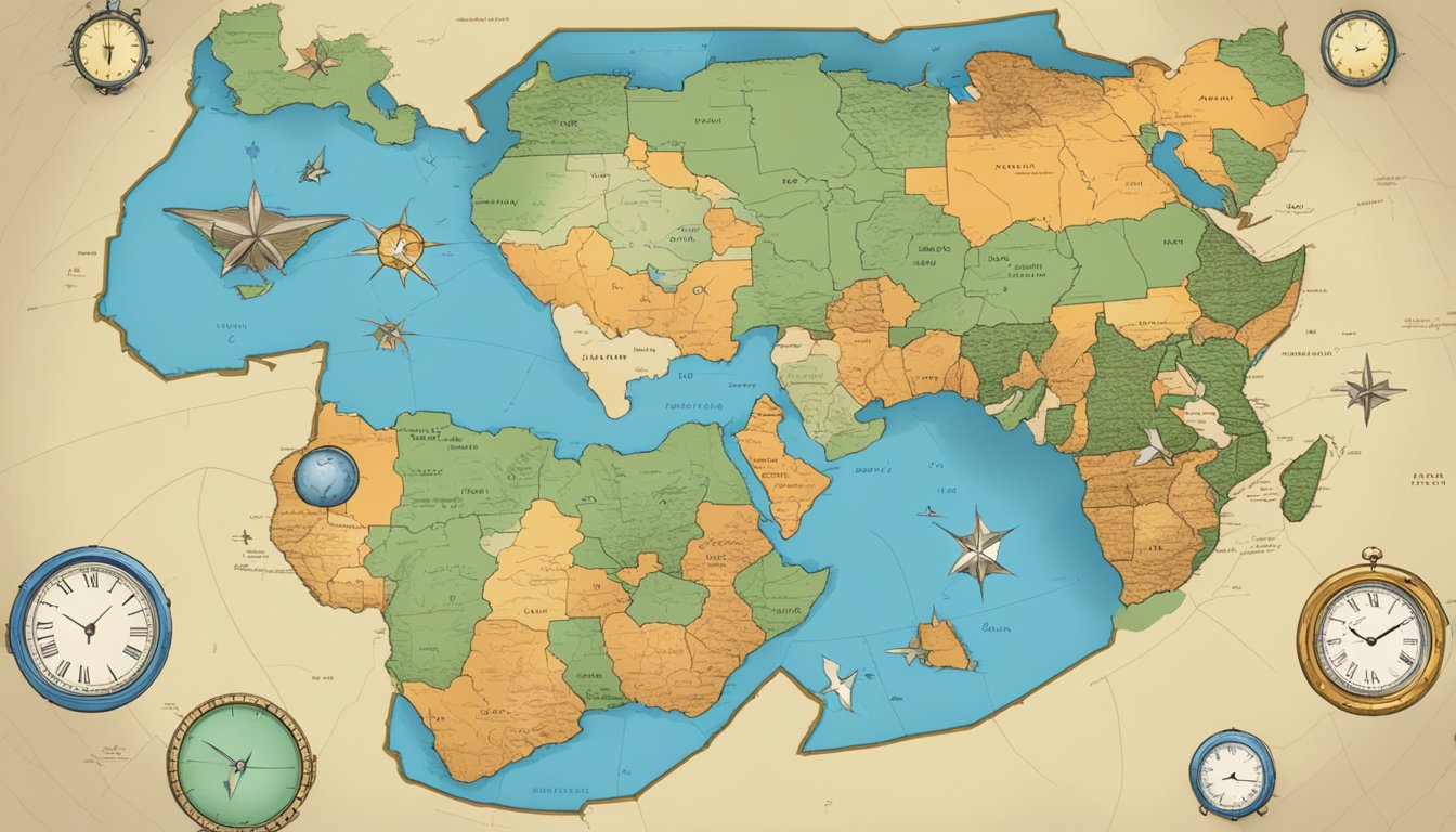 A map of Africa with the outline of Texas superimposed, surrounded by clocks showing different time zones