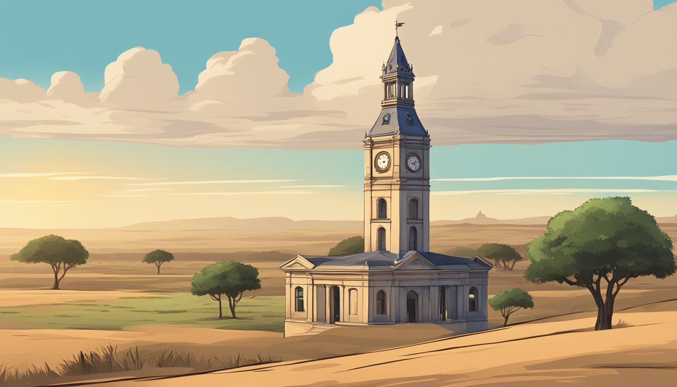 A clock tower against the backdrop of the African savannah, with a Texas flag flying in the distance