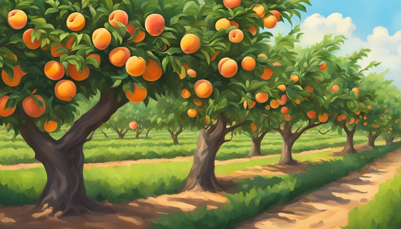 A lush peach orchard in Texas, with vibrant trees heavy with big, juicy peaches ready for picking