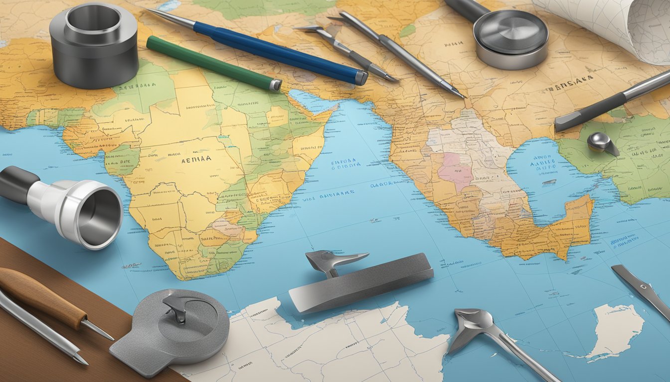 A collection of tools and resources arranged on a table with a map of Africa and the state of Texas in the background