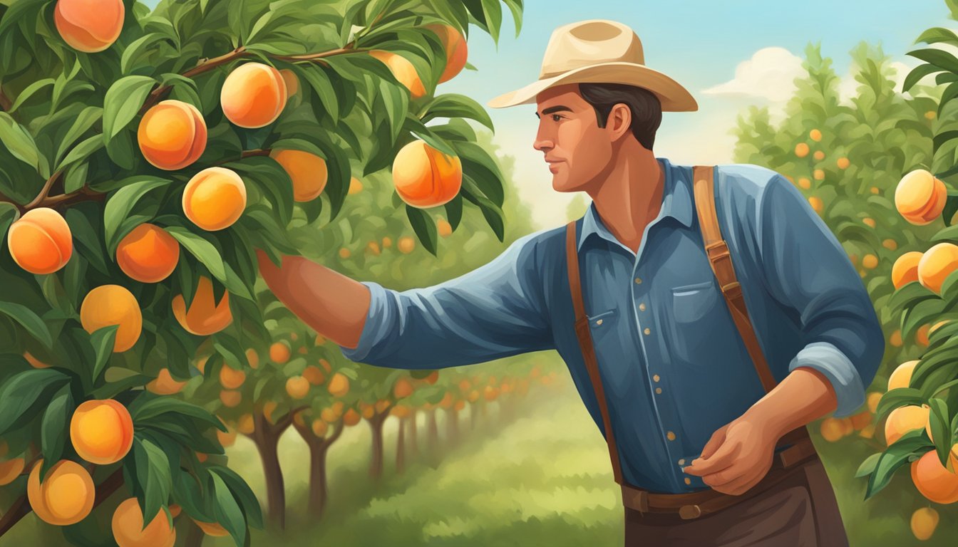 Lush peach orchard in Texas, ripe fruit hanging from branches, farmer picking juicy peaches