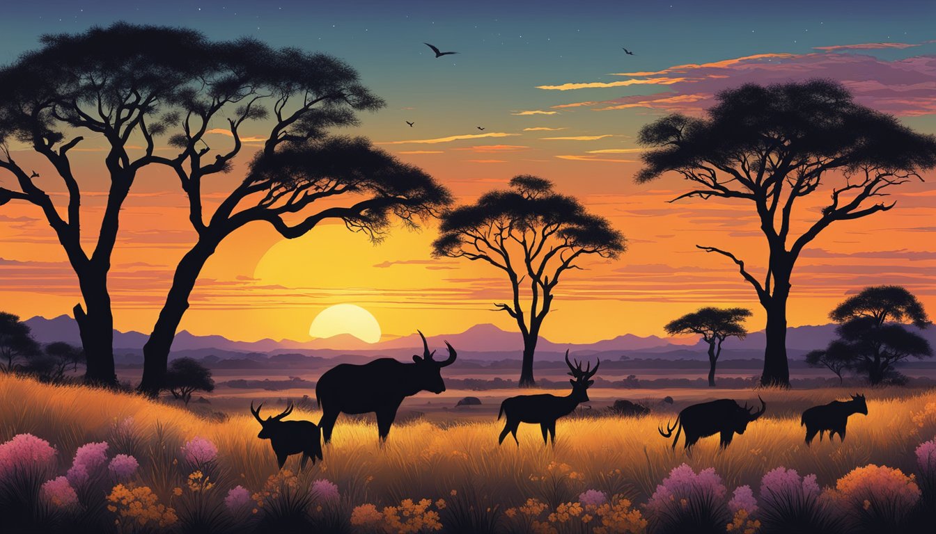 Vibrant sunset over the Texas plains, with silhouettes of African wildlife and native flora