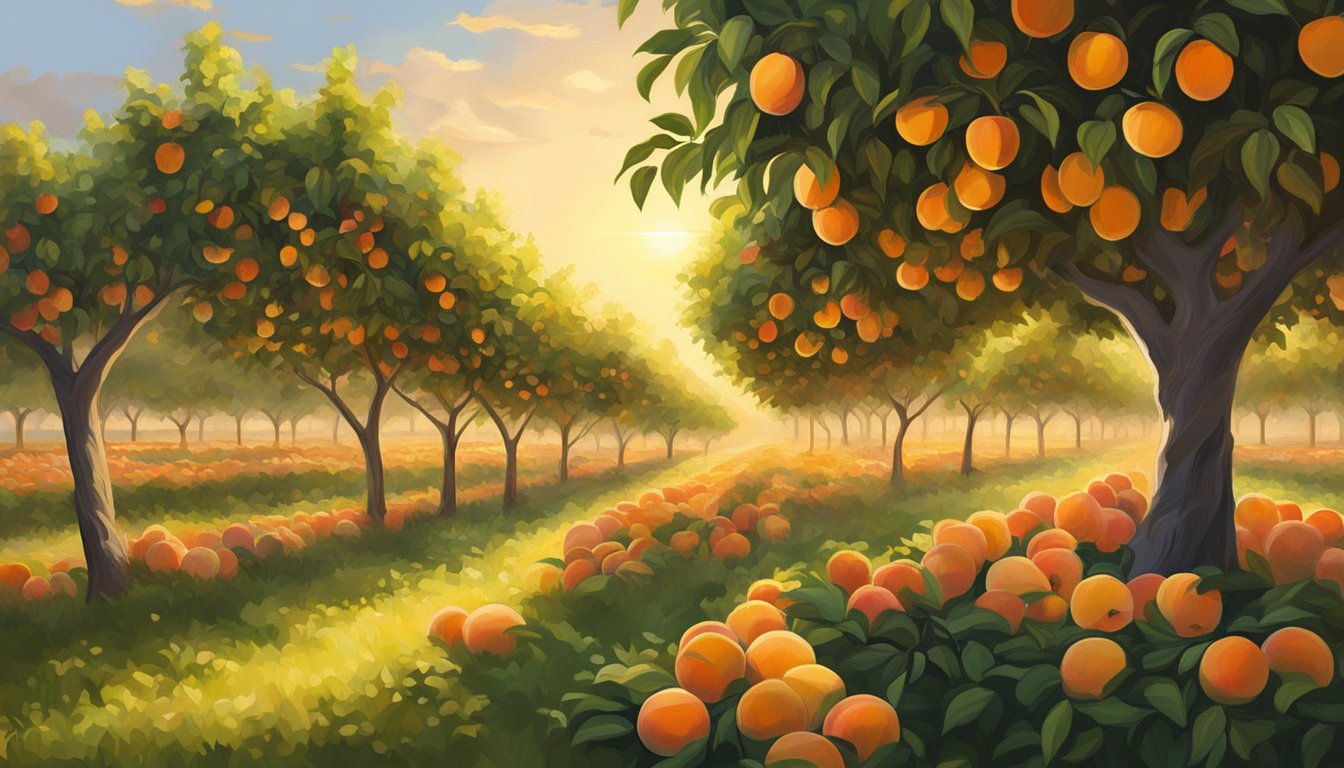 A lush Texas peach orchard with rows of trees heavy with ripe, juicy fruit. The warm sun bathes the scene in golden light, highlighting the vibrant colors of the peaches