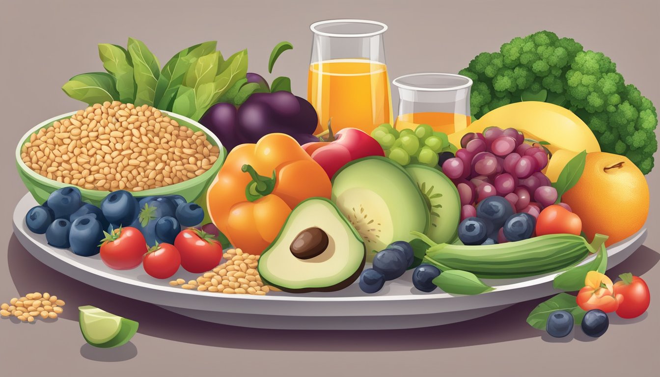 A colorful plate of food with a variety of fruits, vegetables, whole grains, and legumes, representing a balanced and fiber-rich meal