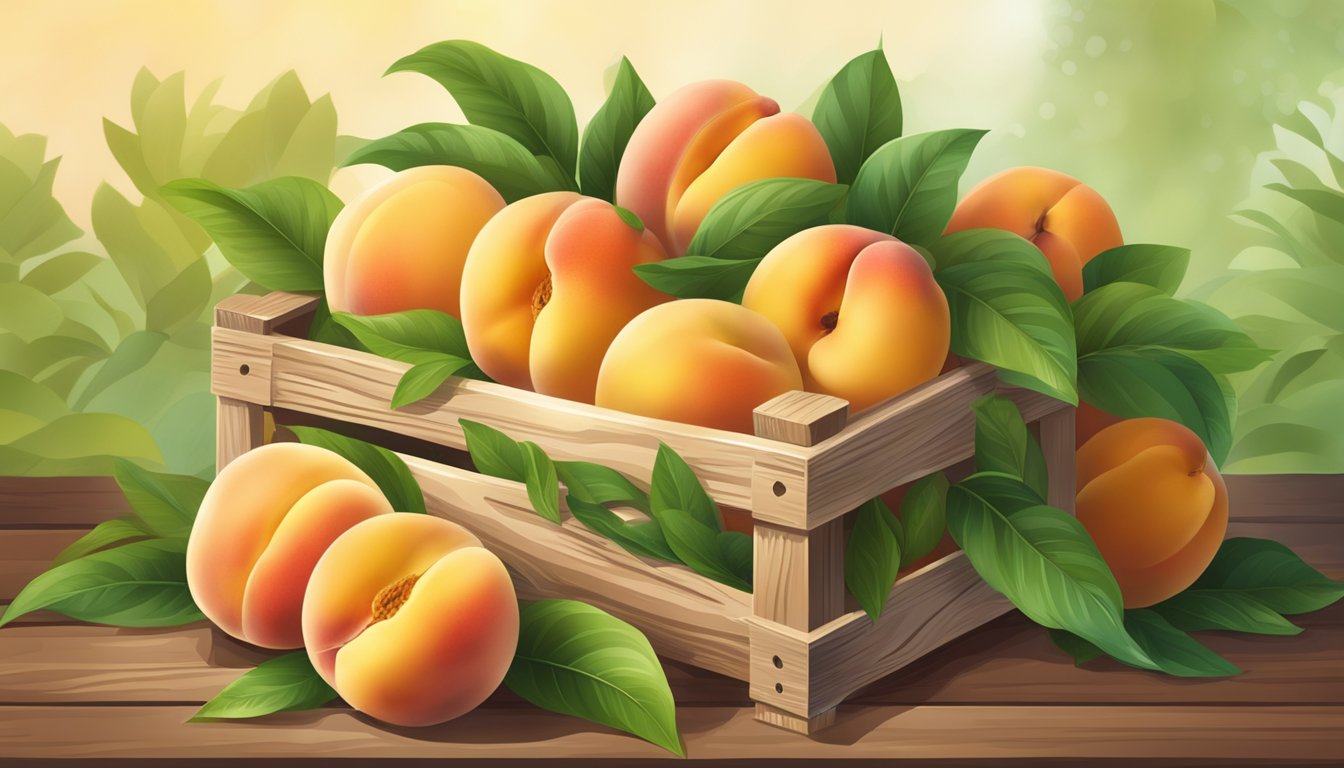 A rustic wooden crate overflowing with big, juicy peaches, surrounded by green leaves and golden sunlight