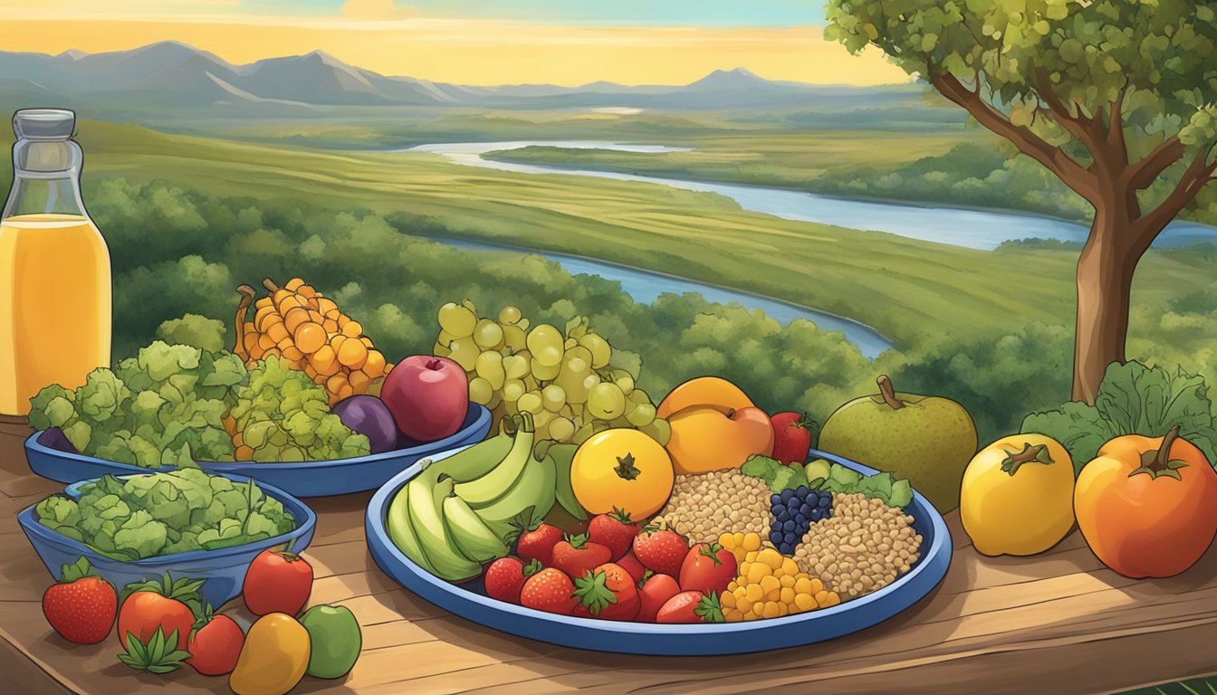 A colorful plate of food with a variety of fruits, vegetables, and whole grains, set against a backdrop of the Texas landscape