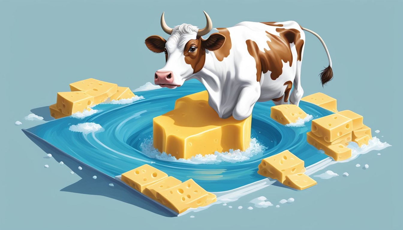 A cow-shaped milk carton dives into a pool of liquid cheese, surrounded by the vast Texas landscape