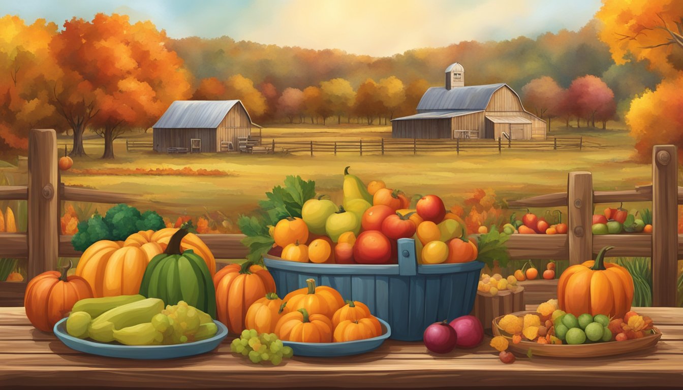 A bountiful Texas farm scene with colorful fall fruits and vegetables displayed on a rustic wooden table, surrounded by the warm hues of autumn foliage