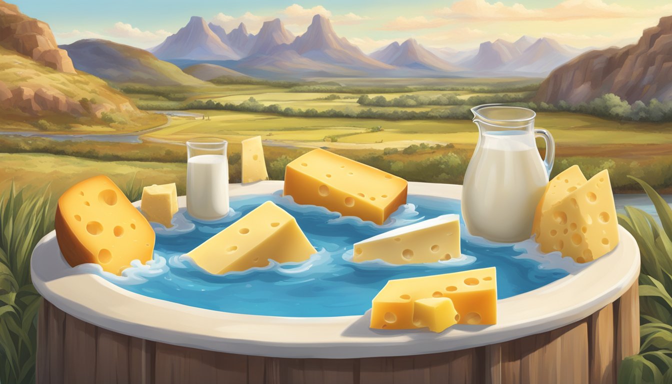 A variety of cheese wheels and wedges dive into a pool of milk, with the Texas landscape in the background