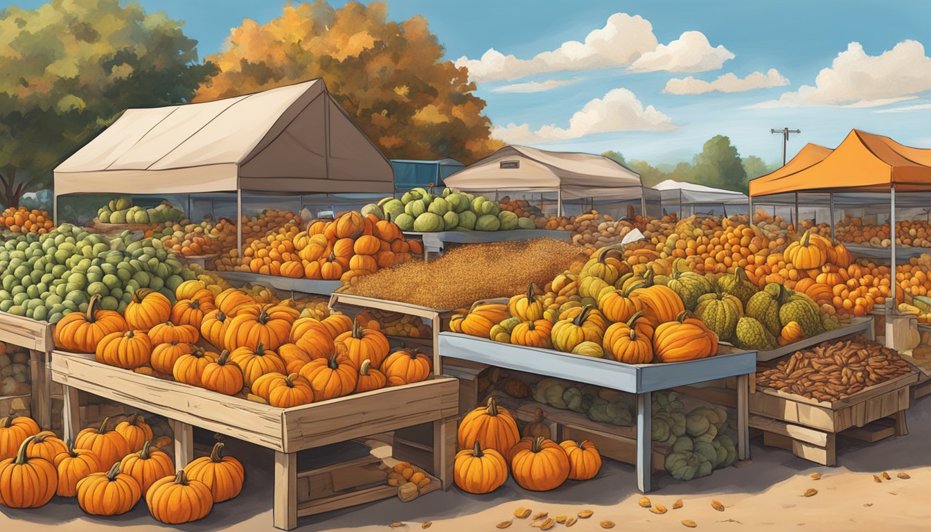 A colorful array of pumpkins, squash, apples, and pecans piled high at a farmers market under a bright Texas sky