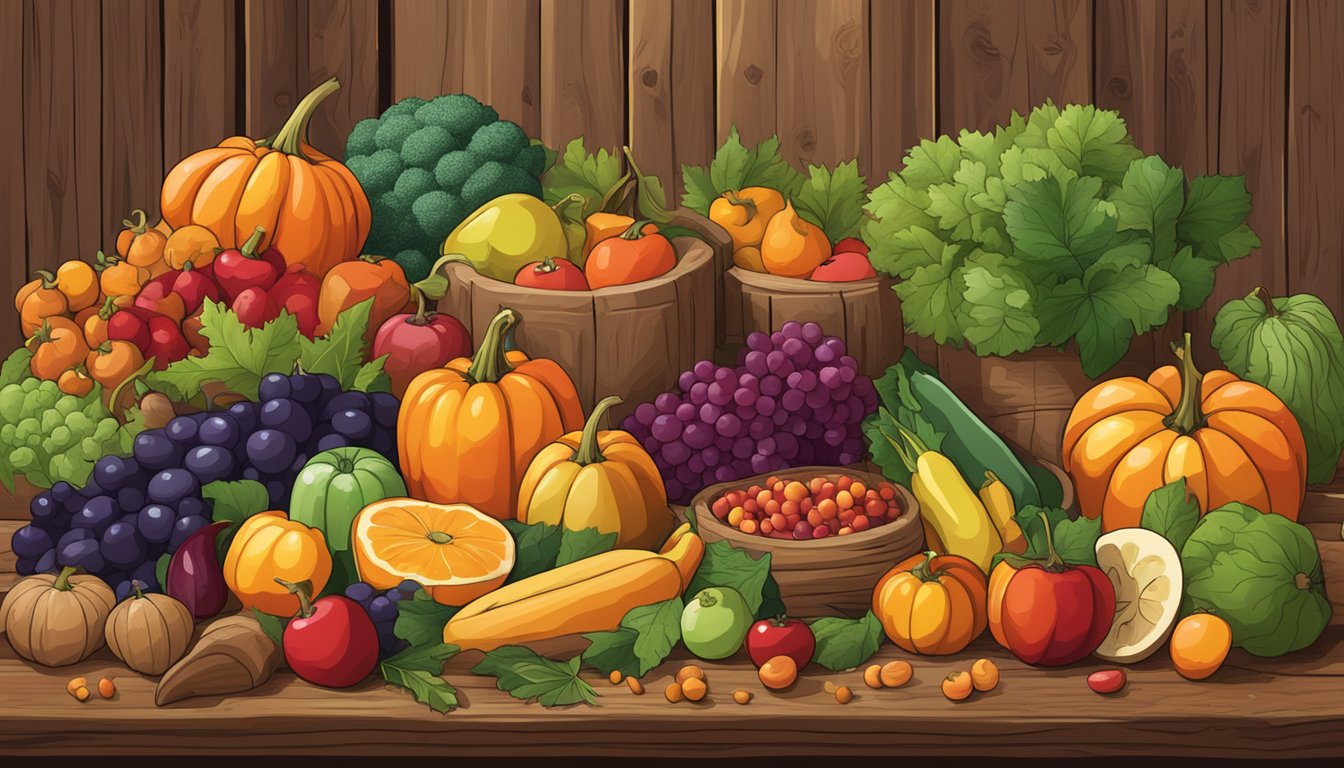 A colorful array of fall fruits and vegetables spread out on a rustic wooden table, with leaves scattered around, set against the backdrop of a Texas landscape