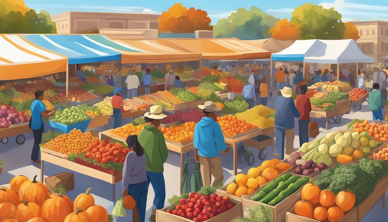 Colorful array of fall fruits and veggies at a bustling Texas seasonal market, surrounded by vendors and shoppers. Bright blue sky and warm sunlight add to the vibrant scene