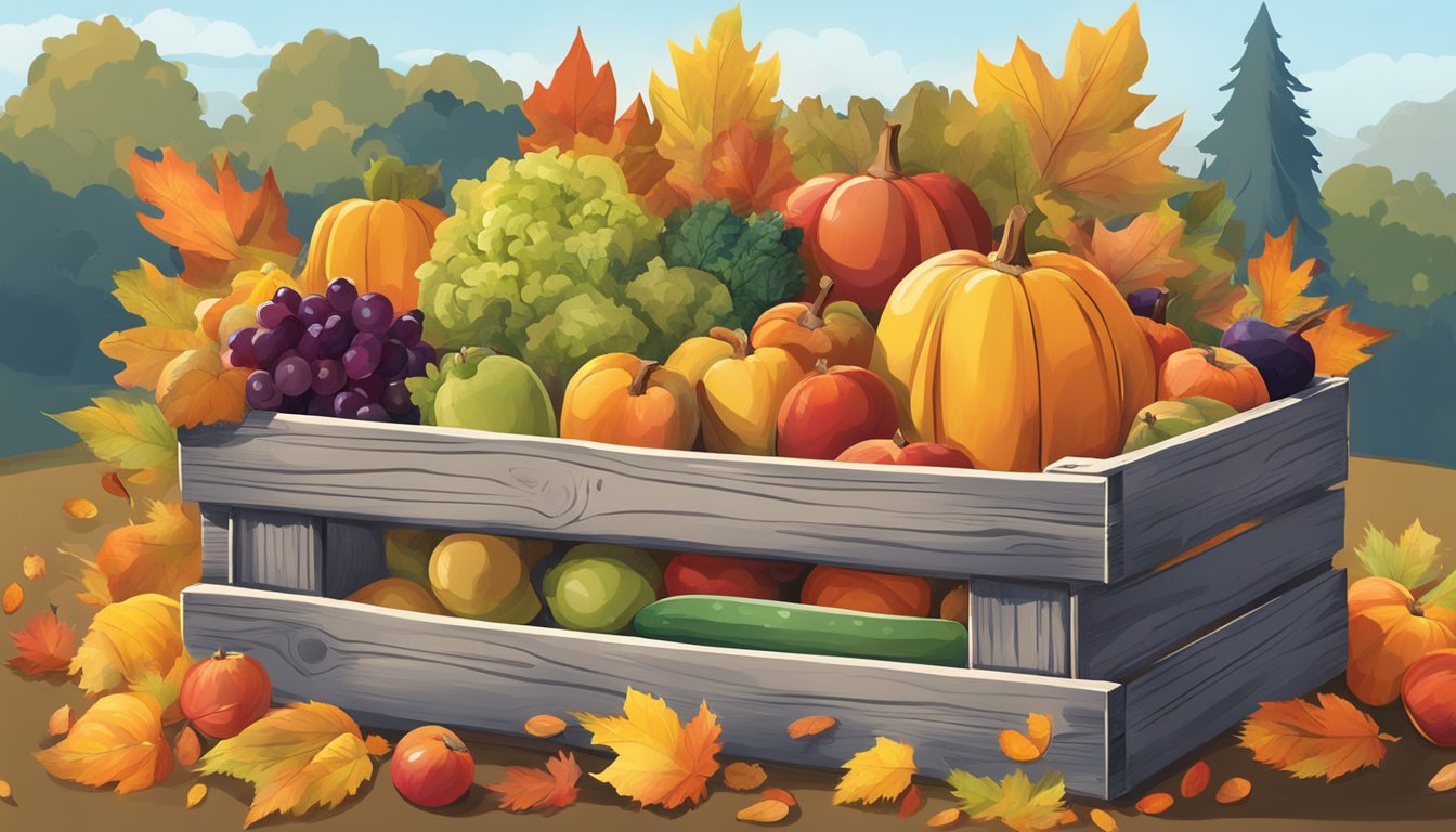 A rustic wooden crate overflowing with colorful fall fruits and veggies, surrounded by autumn leaves and a clear blue Texas sky