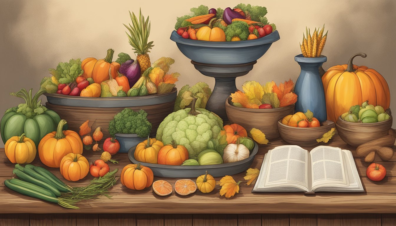 A rustic wooden table adorned with an assortment of fall fruits and vegetables, surrounded by recipe books and a map of Texas