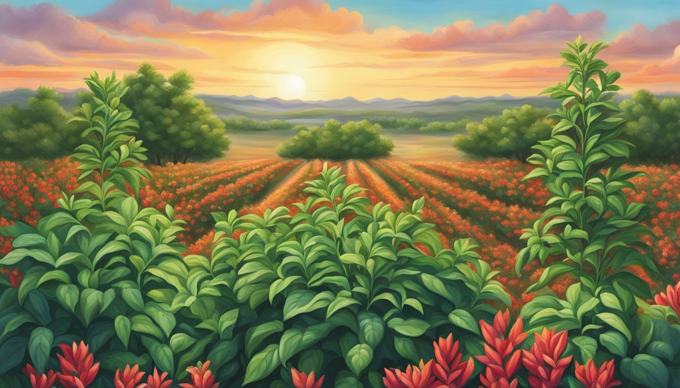 A vibrant Texas landscape with a lush pequin pepper plant at the center, surrounded by smaller pepper plants and a joyful atmosphere